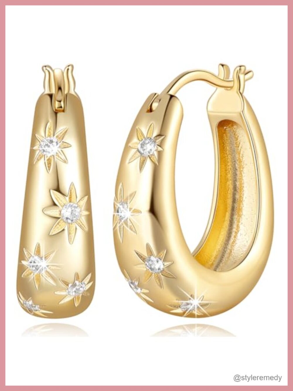 14K Gold Plated Chunky Hoop Earrings Cubic Zirconia Latch Back